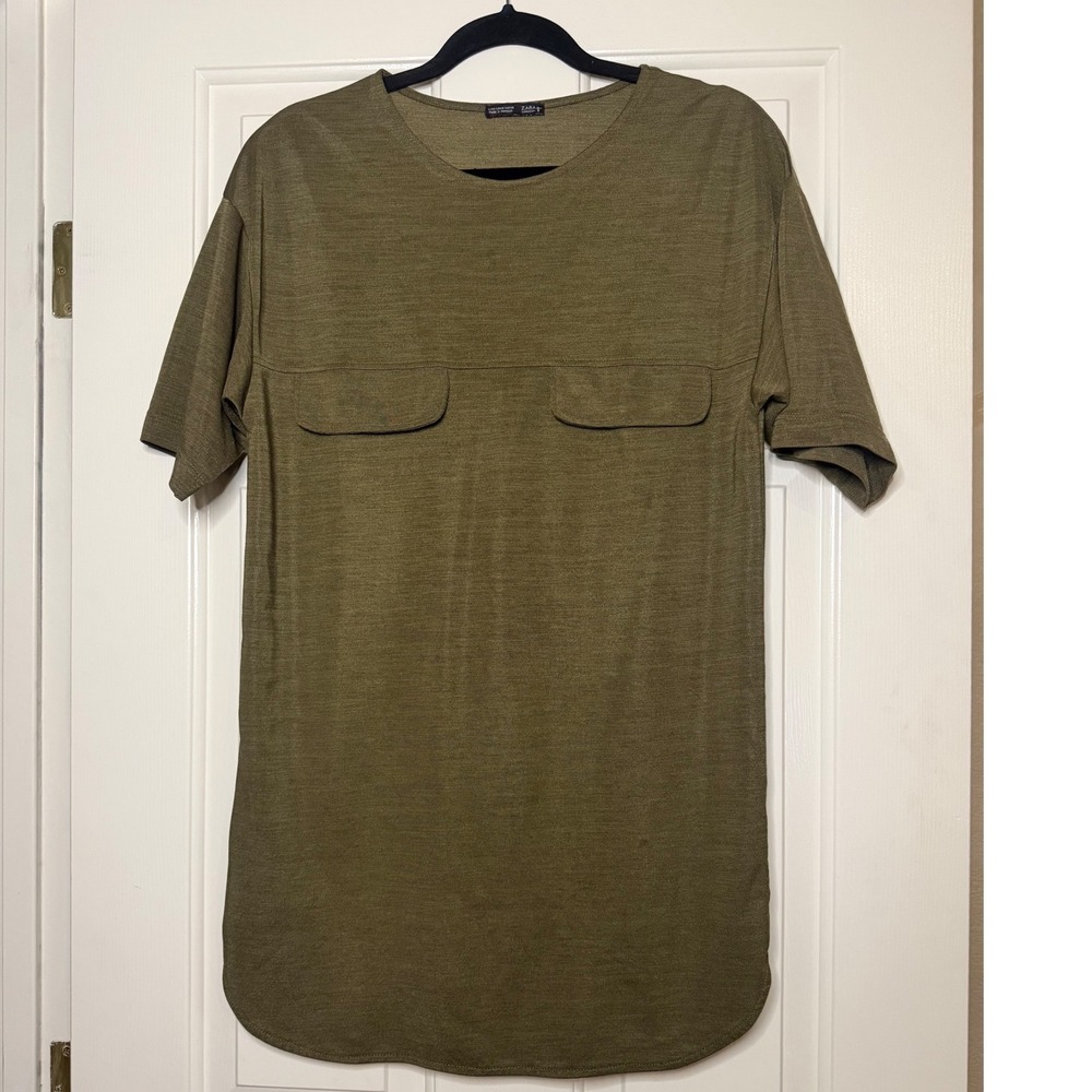 Zara Olive Green Short Sleeve Tunic Top Double Flap Pockets Longline Tee S
